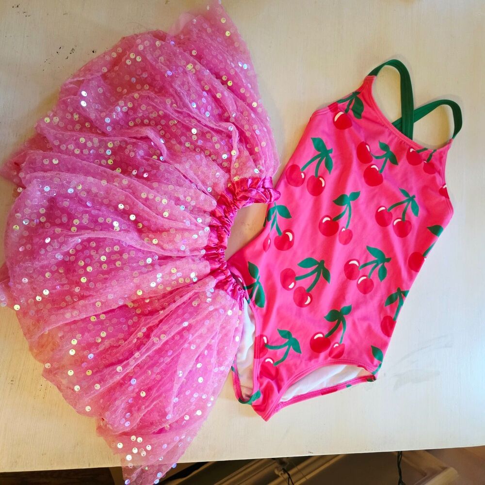 Sparkle Sisters Pink Sequin Tutu Skirt & Cherry Print Swimsuit Set Fits Sz 5/6